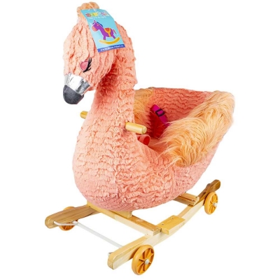 Balansoar pentru bebelusi, Flamingo, lemn + plus, cu rotile, roz, 66 cm