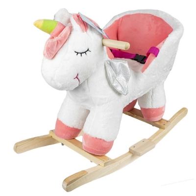 Balansoar pentru bebelusi, Unicorn, lemn + plus, roz+alb, 52 cm