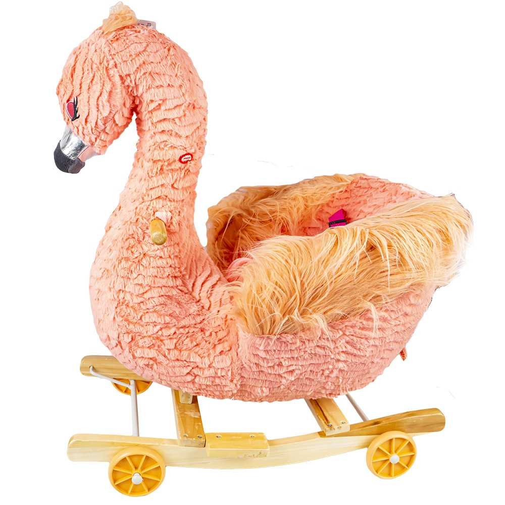 Balansoar pentru bebelusi, Flamingo, lemn + plus, cu rotile, roz, 66 cm