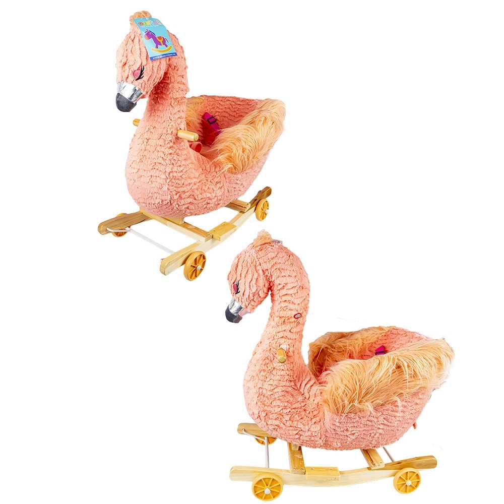 Balansoar pentru bebelusi, Flamingo, lemn + plus, cu rotile, roz, 66 cm