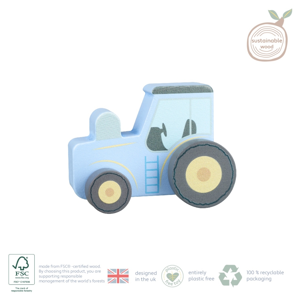 Jucarie de impins Tractor albastru din lemn, Orange Tree Toys